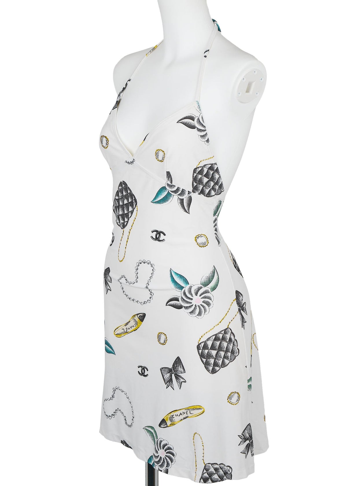 Gebrauchtes Camisole-Kleid, Coco Mark, Nylon-Spandex, Weiß, Goldfarbene Metallteile, Gebraucht