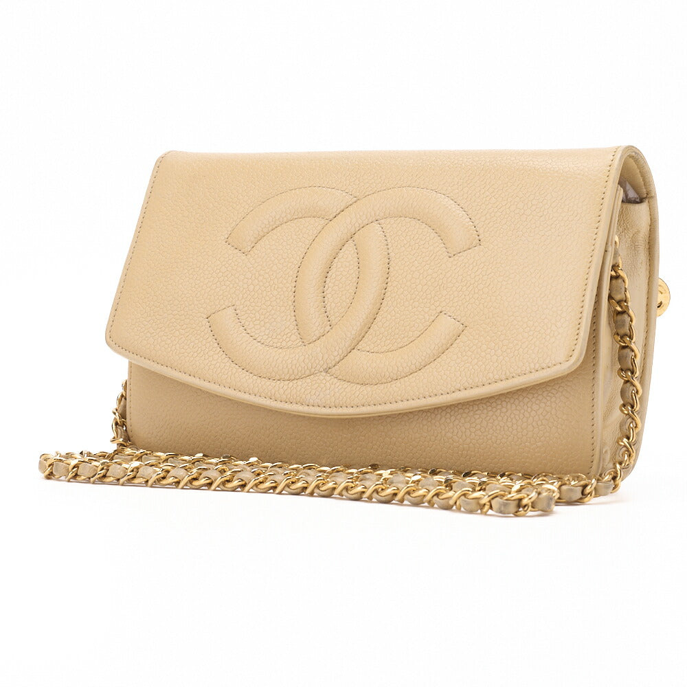 Pre-Owned Schultertasche Kette Geldbörse Caviar Skin Beige Gold-Tone Hardware Pre-Owned