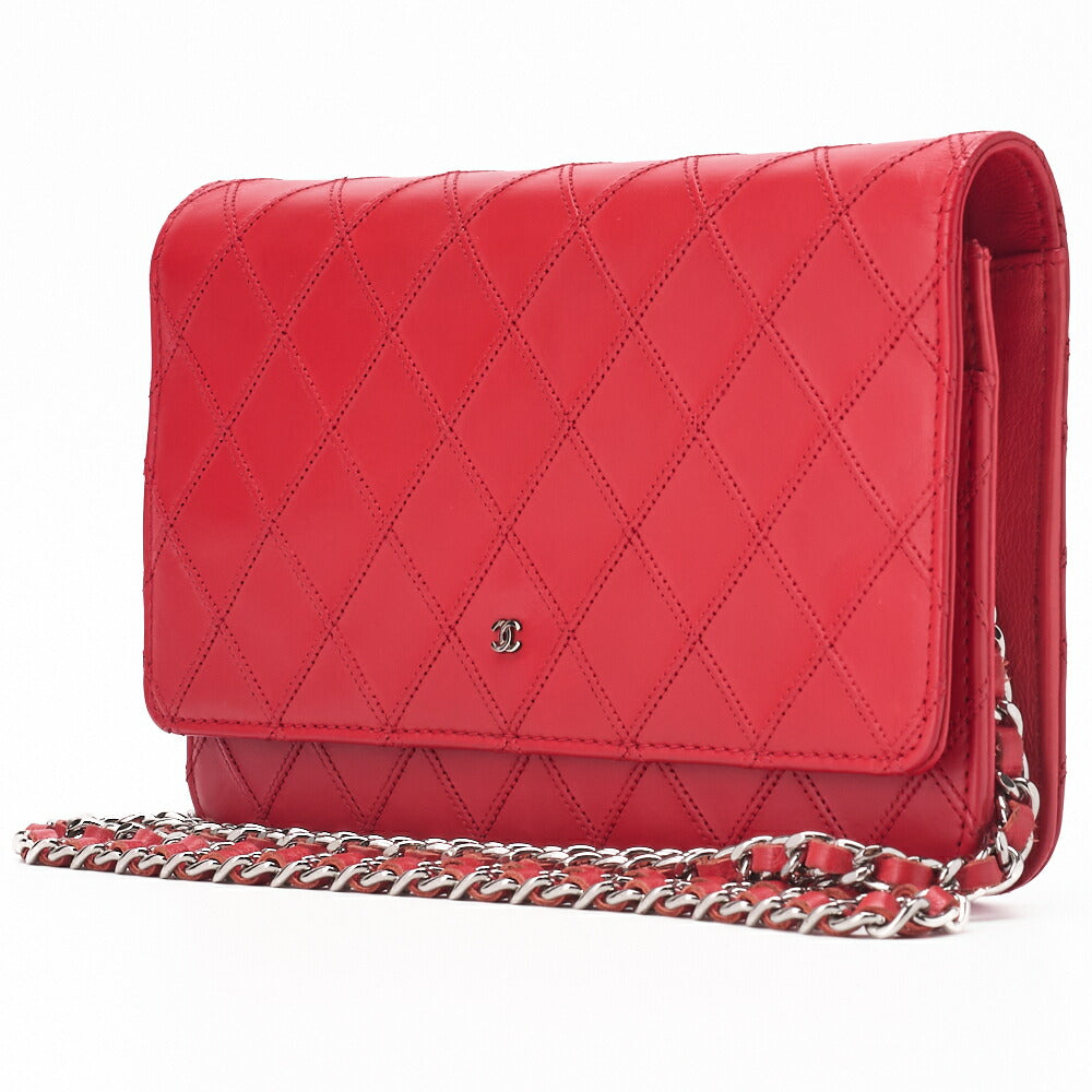 Pre-Owned Chain Wallet, Bicolore Matelasse, Kalbsleder, Rot, Silberfarbene Metallteile, Pre-Owned