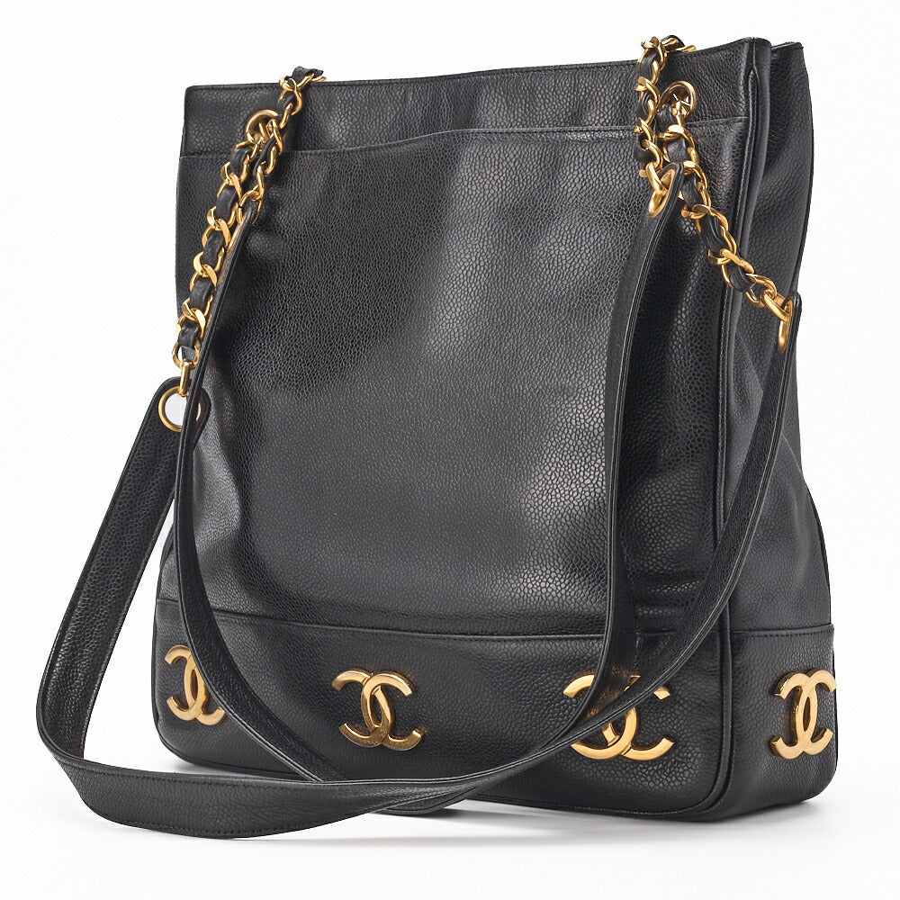 Gebrauchte Schultertasche Triple Coco Doppelkette Schulter Caviar Skin Schwarz Goldfarbene Hardware Gebraucht