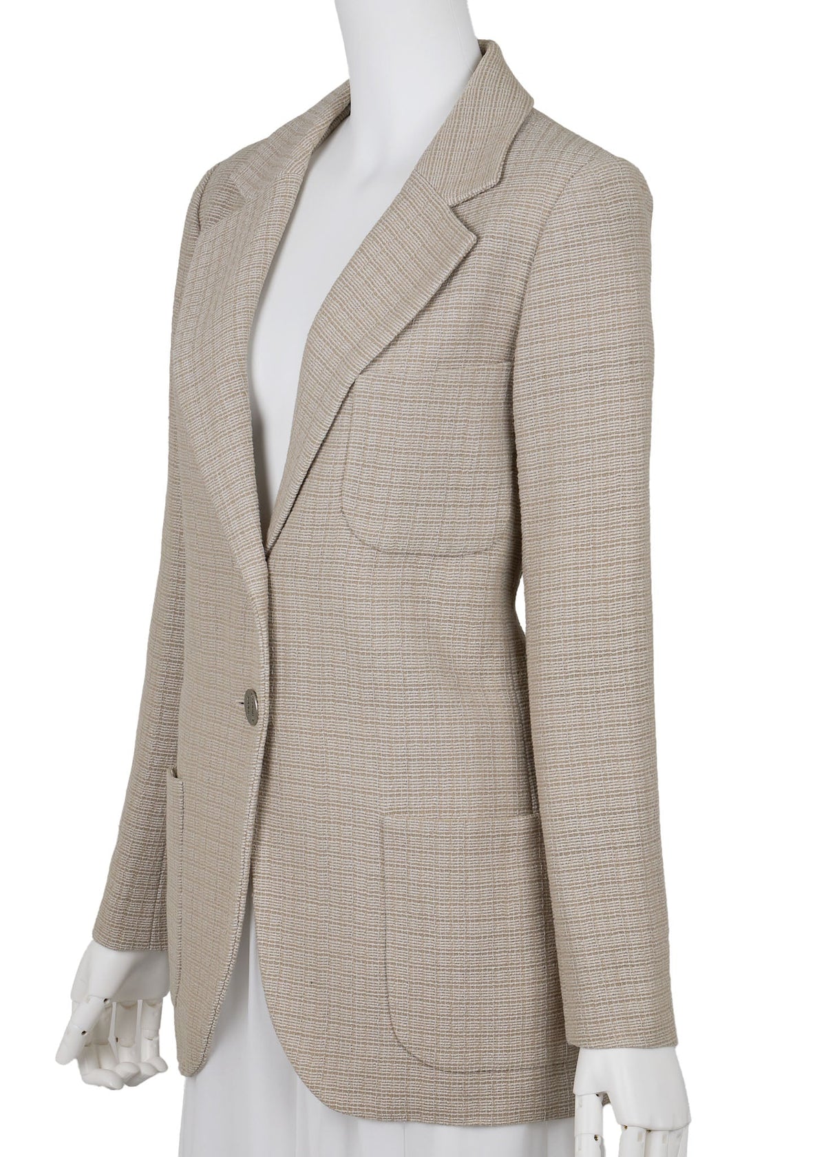 Gebrauchte Jacke, Langarm, Schnittmuster, Baumwollmischung, Beige, Goldfarbene Metallteile, Gebraucht
