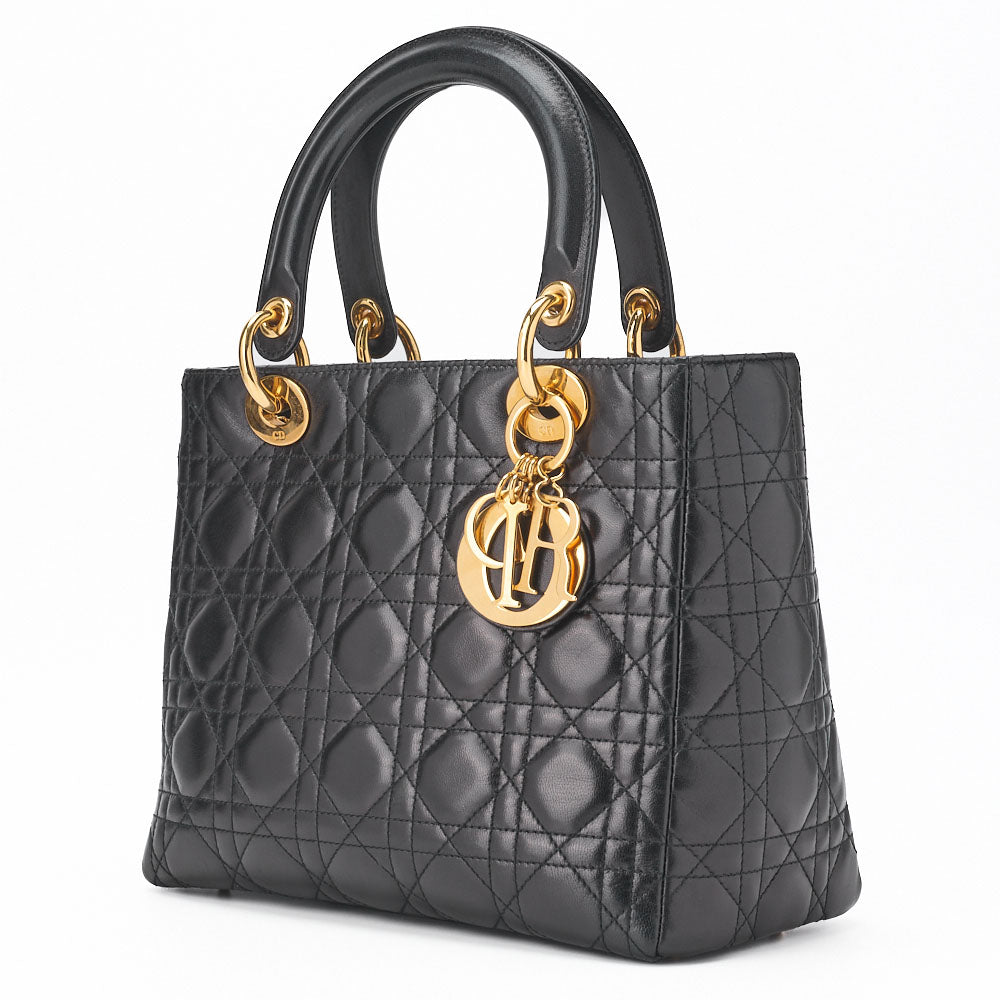 Gebrauchte Damenhandtasche Cannage Lammleder Schwarz Goldfarbene Hardware Gebraucht