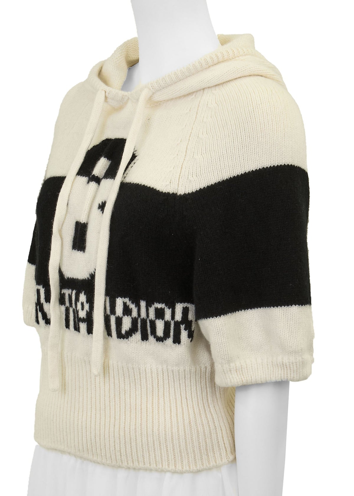 Gebrauchter Hoodie, gestrickt, geschnitten und genäht, Woll-Kaschmir-Mischung, Elfenbein, silberfarbene Hardware, gebraucht