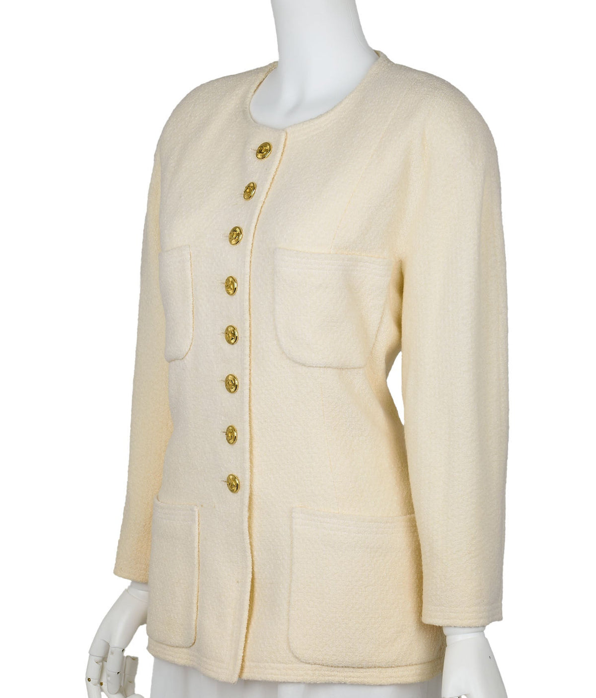 Pre-Owned Kragenlose Jacke, Langarm, Wolle, Elfenbein, Goldfarbene Metallteile, Pre-Owned