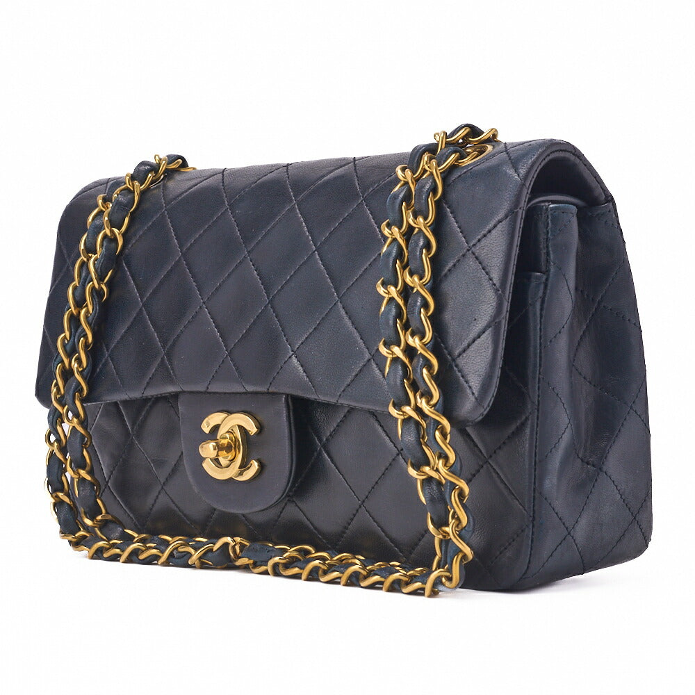 Pre-Owned Kette Schultertasche Matelassé Doppelklappe Lammleder Dunkelblau Goldfarbene Hardware Pre-Owned
