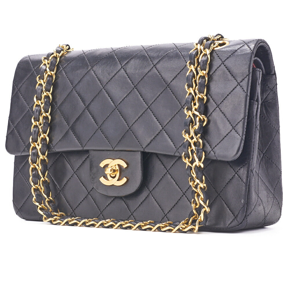 Pre-Owned Schultertasche Matelassé Doppelklappe Lammleder Schwarz Goldfarbene Hardware Pre-Owned