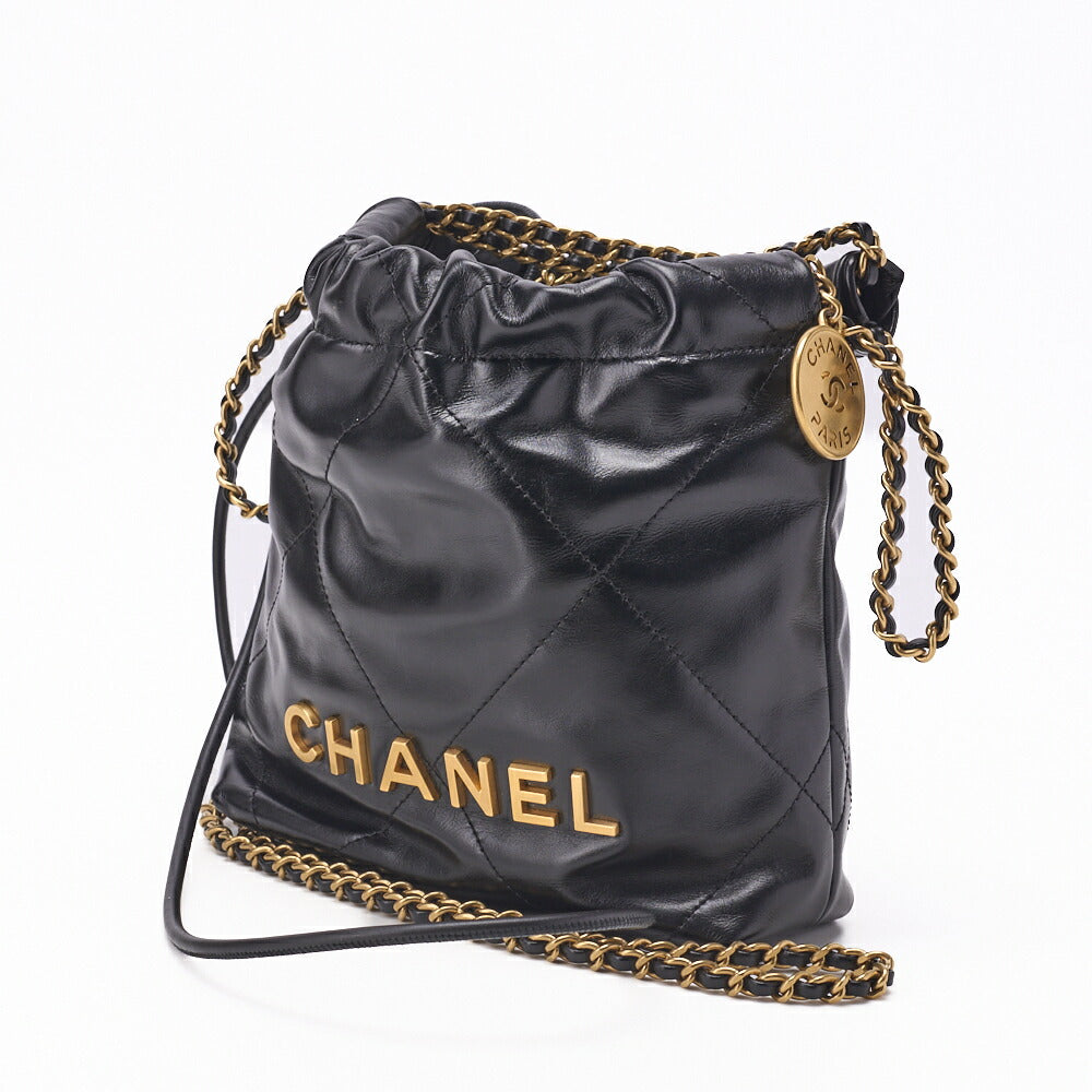 Pre-Owned 22 Mini Chain Shoulder Bag, Kordelzug, Kalbsleder, Schwarz, Goldfarbene Metallteile, Pre-Owned