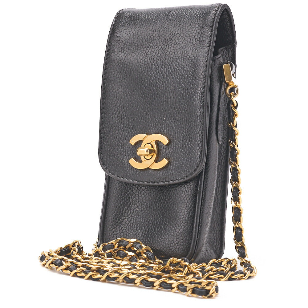 Pre-Owned Schultertasche Beutel Drehverschluss Kaviarhaut Schwarz Goldfarbene Hardware Pre-Owned