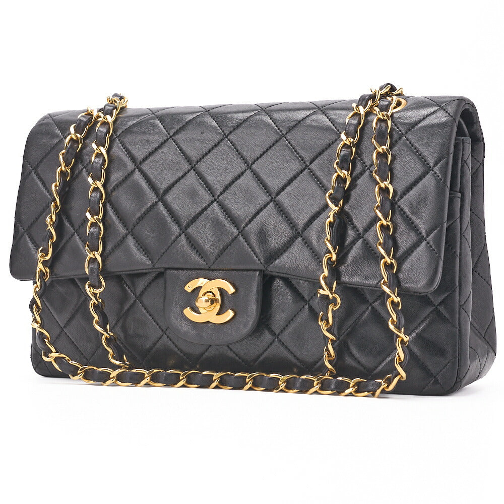 Pre-Owned Schultertasche Matelassé Doppelklappe Lammleder Schwarz Goldfarbene Hardware Pre-Owned