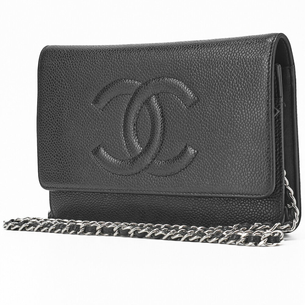 Pre-Owned Schultertasche Kette Geldbörse Caviar Skin Schwarz Silberfarbene Hardware Pre-Owned
