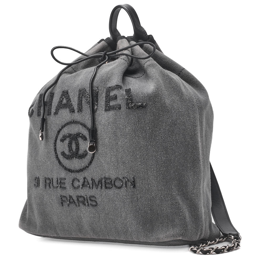 Gebrauchte Rucksacktasche Deauville Kordelzug Canvas Denim Grau Silberfarbene Hardware Gebraucht
