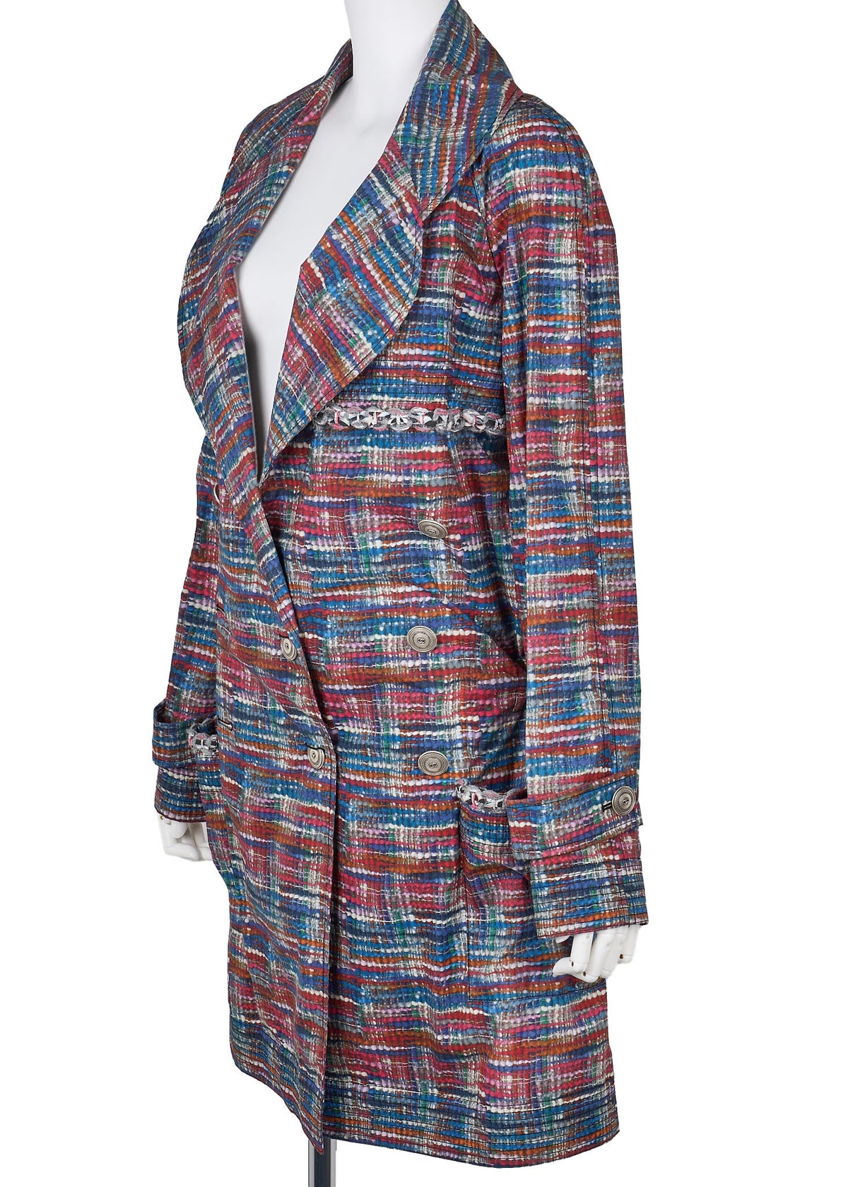 Gebrauchte Oberbekleidungsjacke, Coco-Knopf, Baumwoll-Polyester-Mischung, mehrfarbig, silberfarbene Hardware, gebraucht