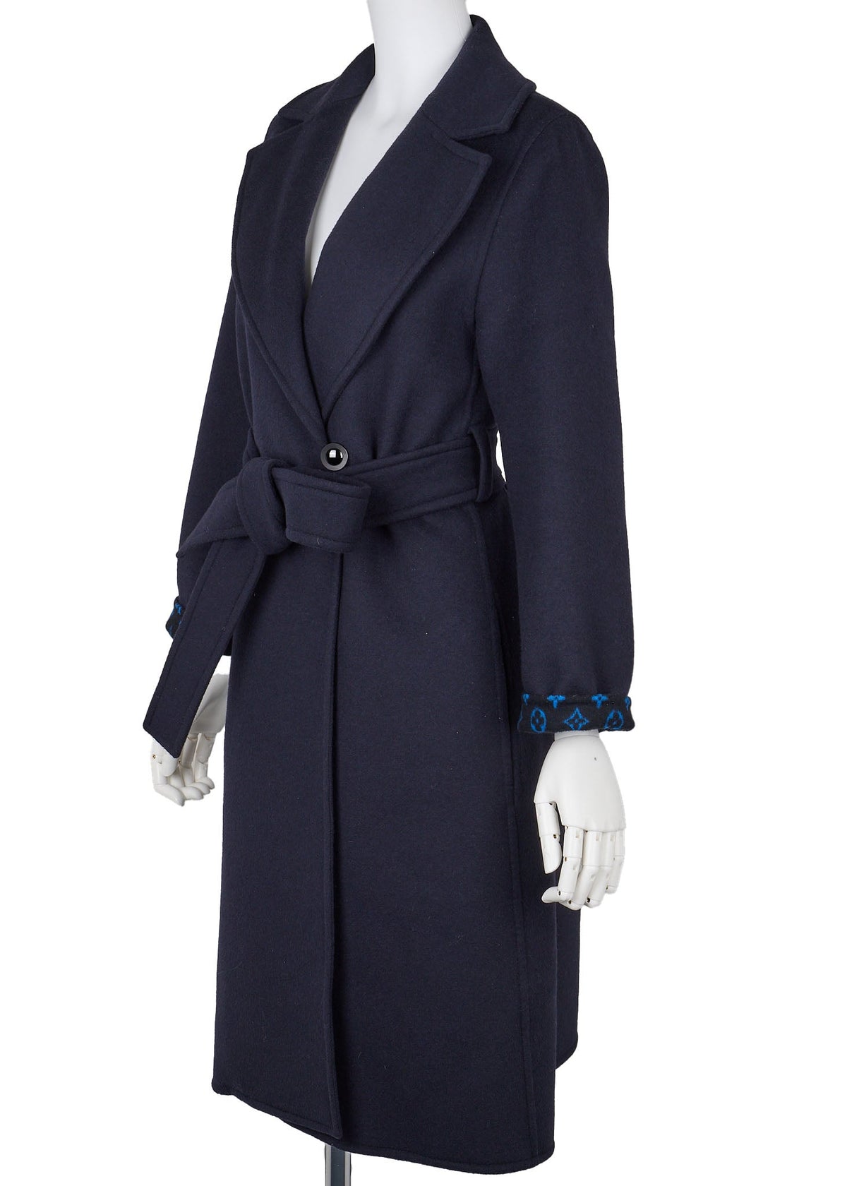 Gebrauchter Vuitton Gown Coat, Monogramm, Woll-Seiden-Mischung, Marineblau, silberfarbene Hardware, Gebraucht