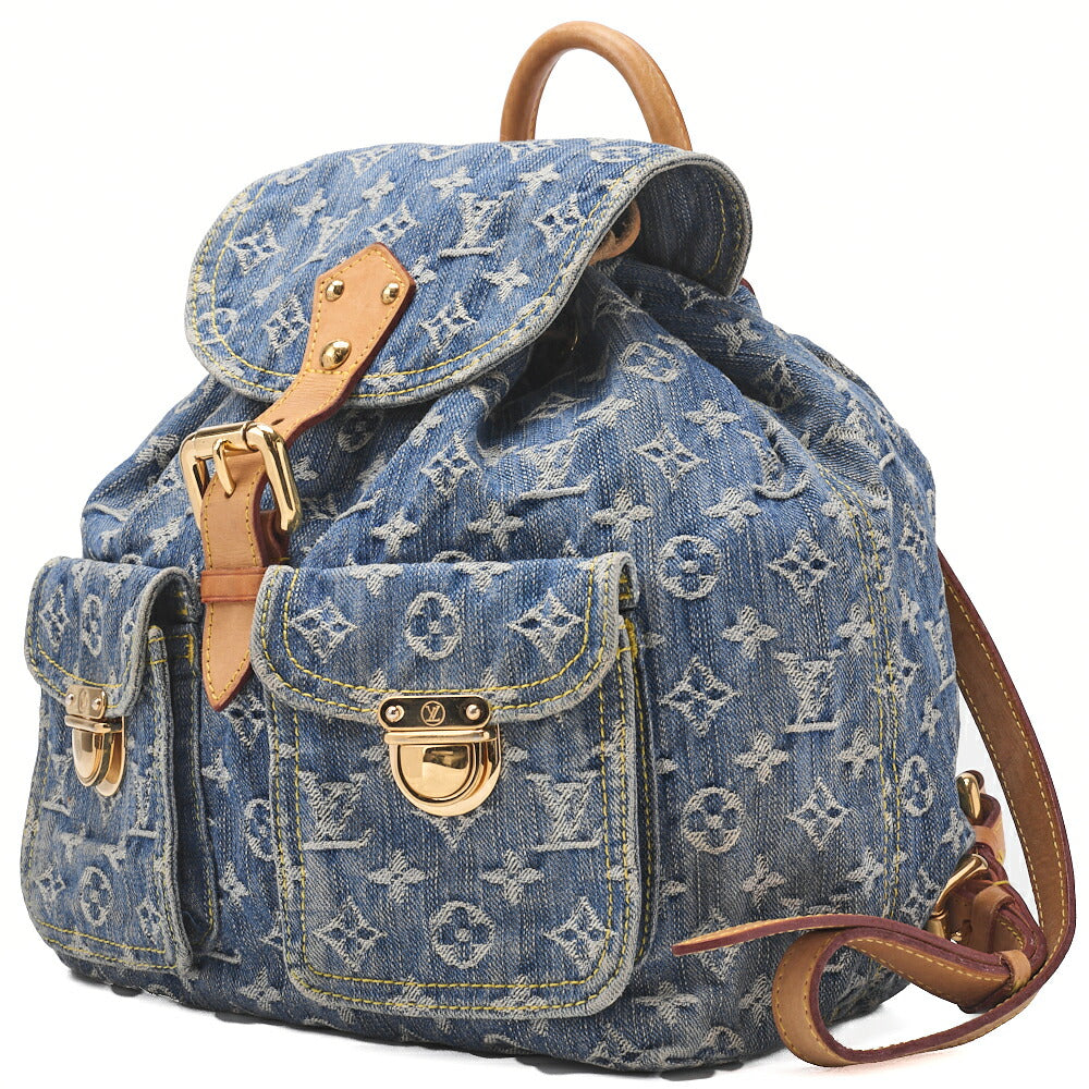 Gebrauchte Vuitton Schulterrucksack Tasche Monogramm Denim Blau Gold-Ton Hardware Gebraucht