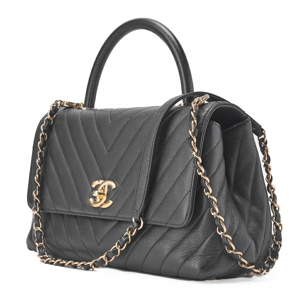 Gebrauchte Umhängetasche 2WAY V Stitch Coco Handle Caviar Leder Schwarz Goldfarbene Hardware Gebraucht