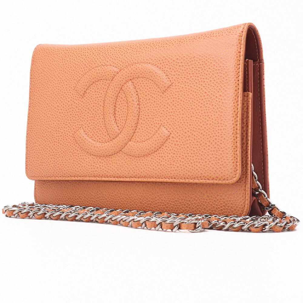 Pre-Owned Schultertasche Kette Geldbörse Kaviar Haut Lachs Orange Silber-Ton Hardware Pre-Owned