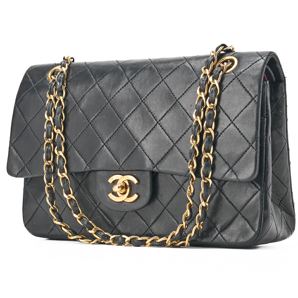 Pre-Owned Schultertasche Matelassé Doppelklappe Lammleder Schwarz Goldfarbene Hardware Pre-Owned