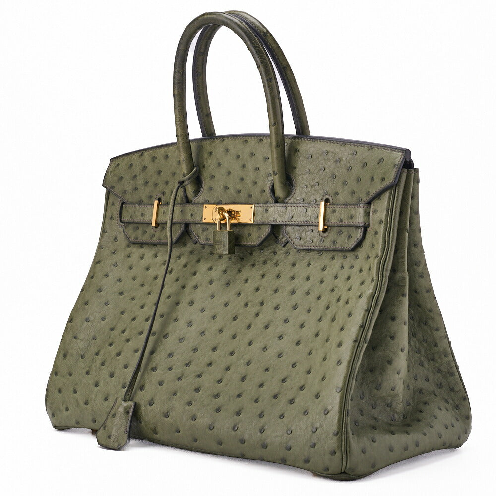 Gebrauchte Birkin 35 Handtasche Ostrich Riken Lichen Gold-Tone Hardware Gebraucht