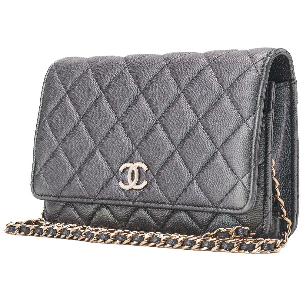Pre-Owned Kette Geldbörse Matelassé Kaviar Leder Sparkle Schwarz Gold-Ton Hardware Pre-Owned