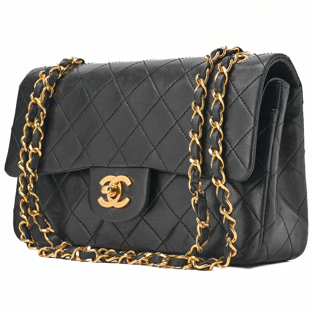 Pre-Owned Schultertasche Matelassé Doppelklappe Lammleder Schwarz Goldfarbene Hardware Pre-Owned