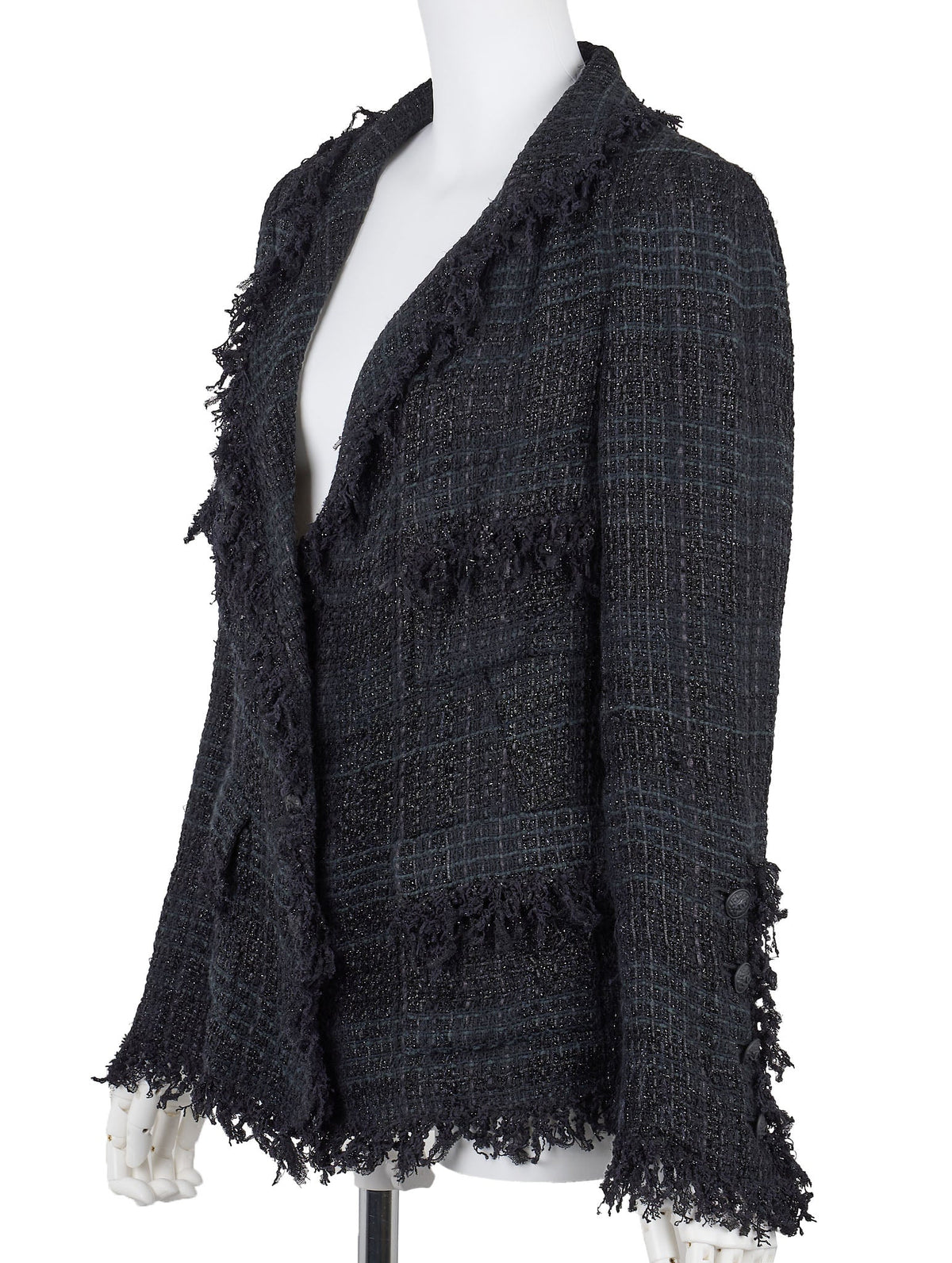 Gebrauchte Jacke, Coco-Knopf, Langarm, Schnittmuster, Stoff, Schwarzgrün, goldfarbene Metallteile, gebraucht