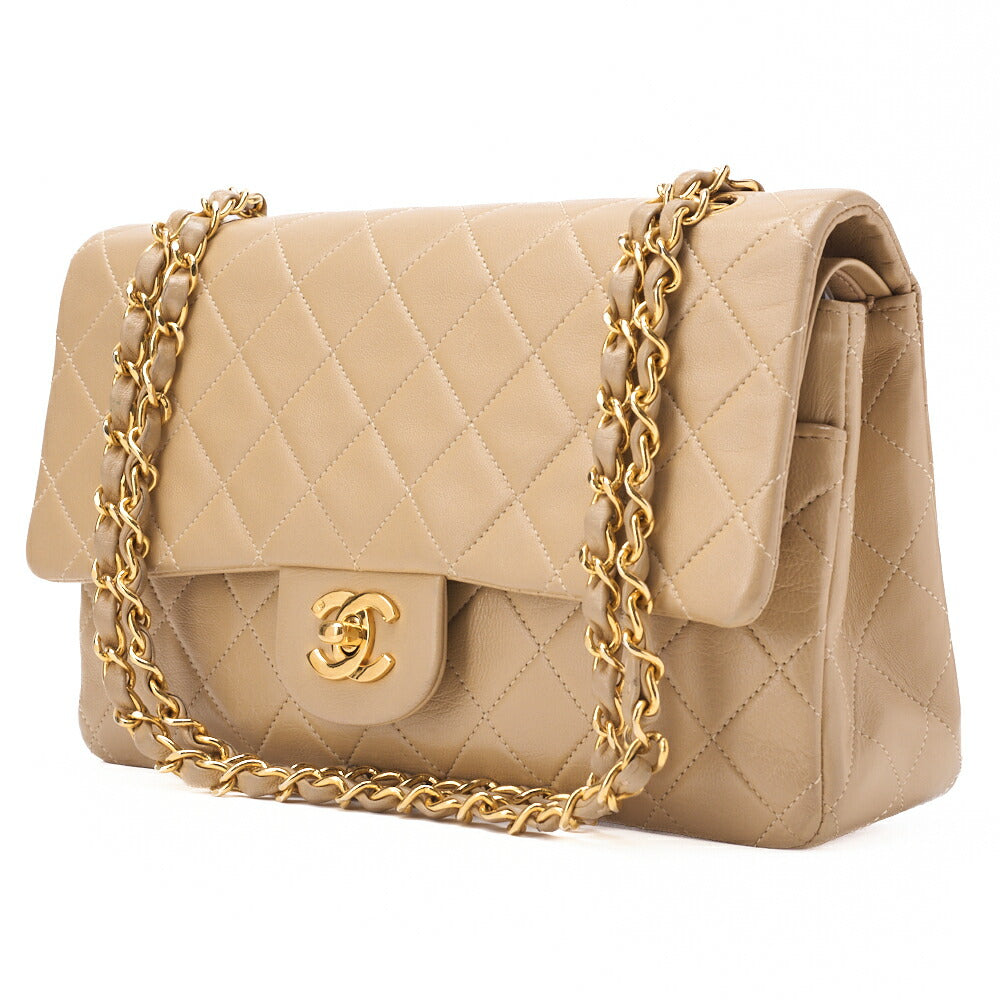 Pre-Owned Schultertasche Matelassé Doppelklappe Lammleder Beige Goldfarbene Hardware Pre-Owned