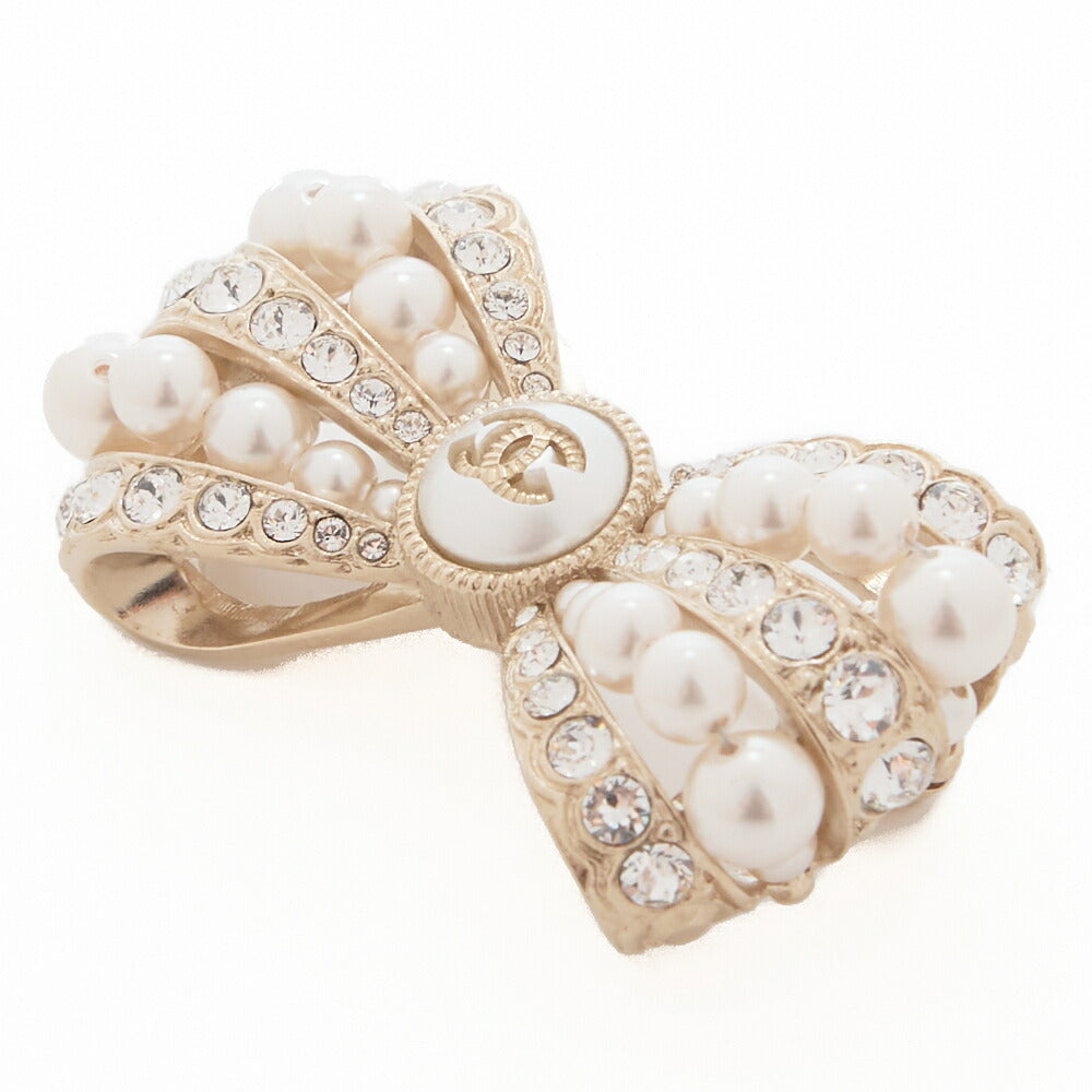 Gebrauchte Brosche Band Coco Mark Perle Strass vergoldet goldfarbene Hardware gebraucht