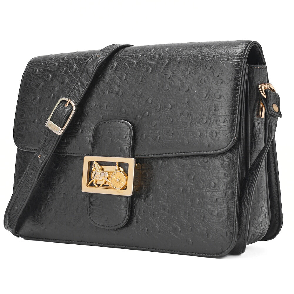 Gebrauchte Umhängetasche Boston Bag Kutschenleder Strauß Schwarz Goldfarbene Hardware Gebraucht