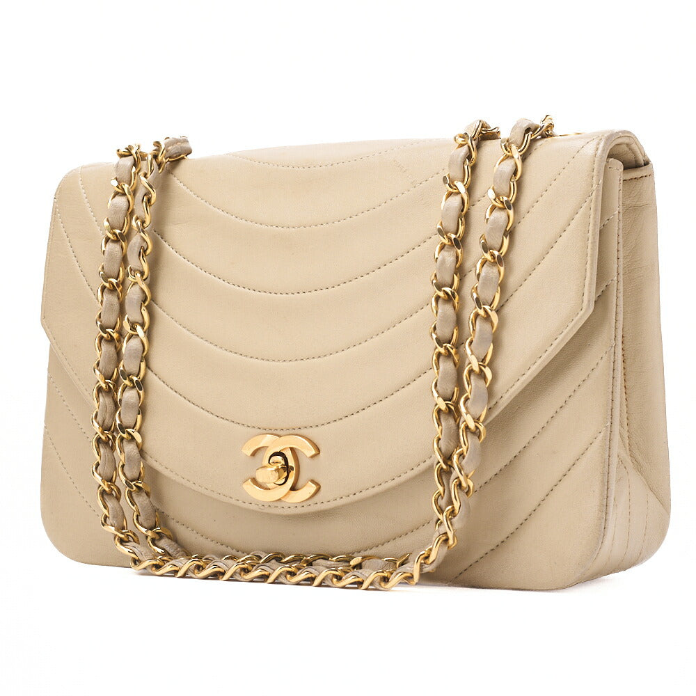 Pre-Owned Umhängetasche Matelassé Border Stitch Kette Schulter Lammleder Beige Gold-Ton Hardware Pre-Owned