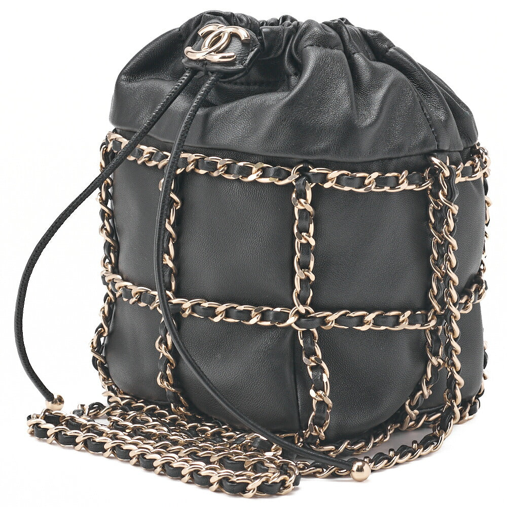 Pre-Owned Schultertasche Coco Mark Kordelzug Typ Lammleder Schwarz Gold-Ton Hardware Pre-Owned