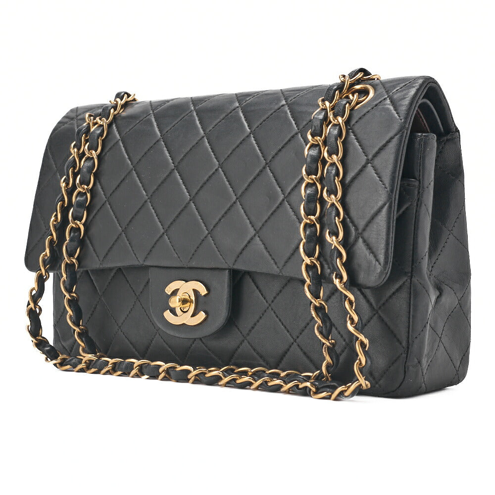 Pre-Owned Kette Schultertasche Matelassé Doppelklappe Lammleder Schwarz Goldfarbene Hardware Pre-Owned
