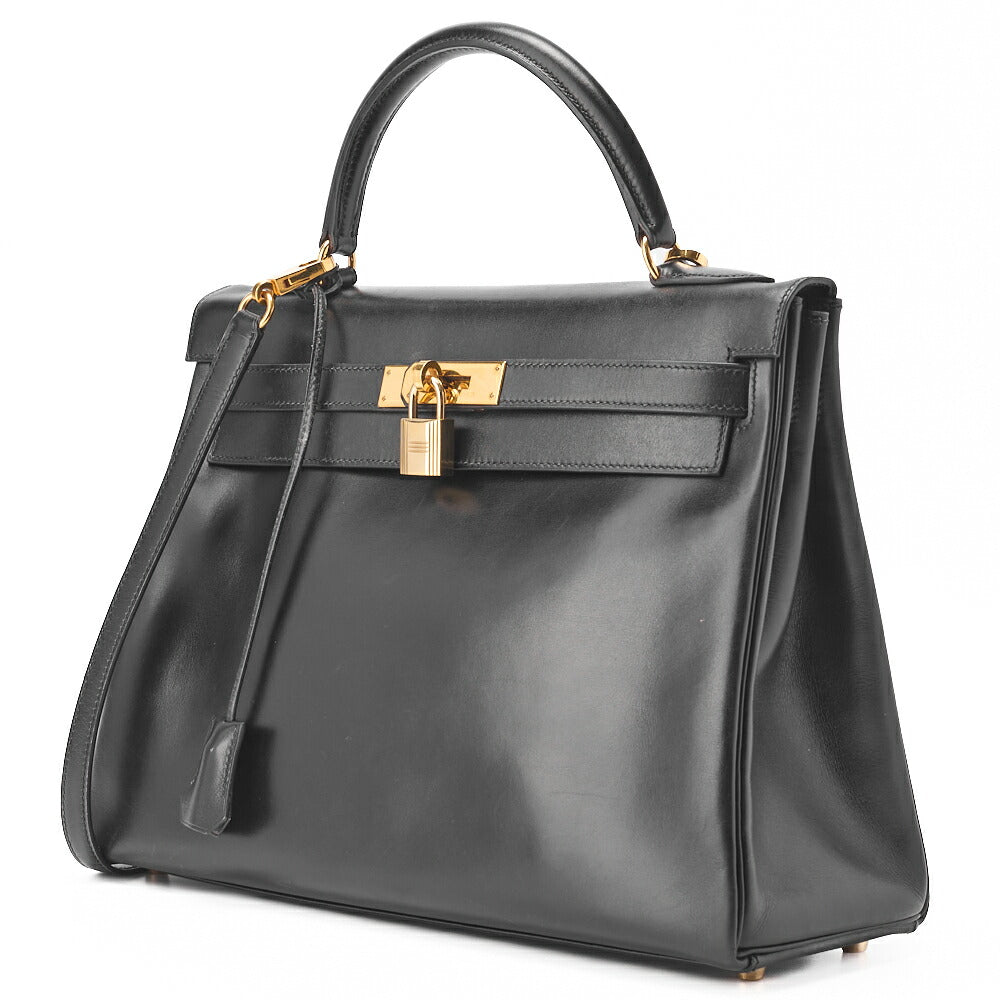 Gebrauchte Kelly 32 Handtasche Box Calf Schwarz Goldfarbene Hardware Gebraucht