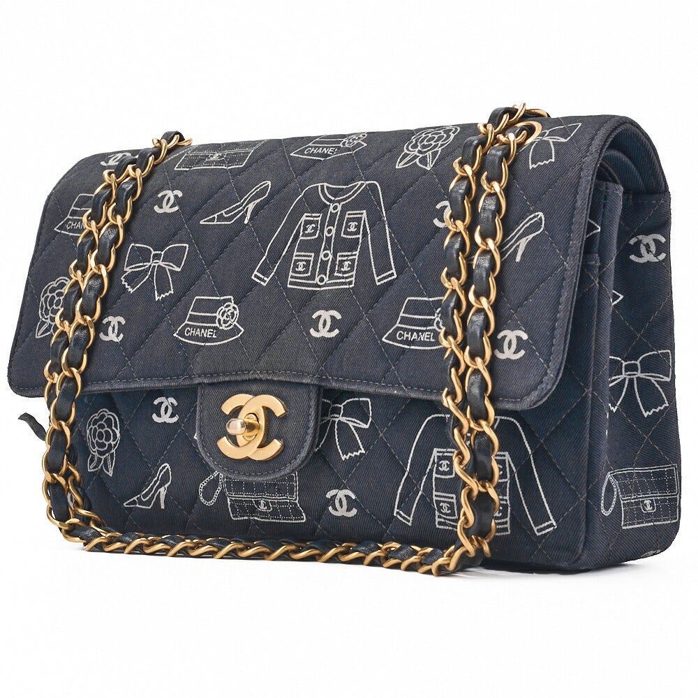 Pre-Owned Schultertasche, Matelasse W Flap 25 Icon Print, Canvas, Schwarz, Goldfarbene Hardware, Pre-Owned
