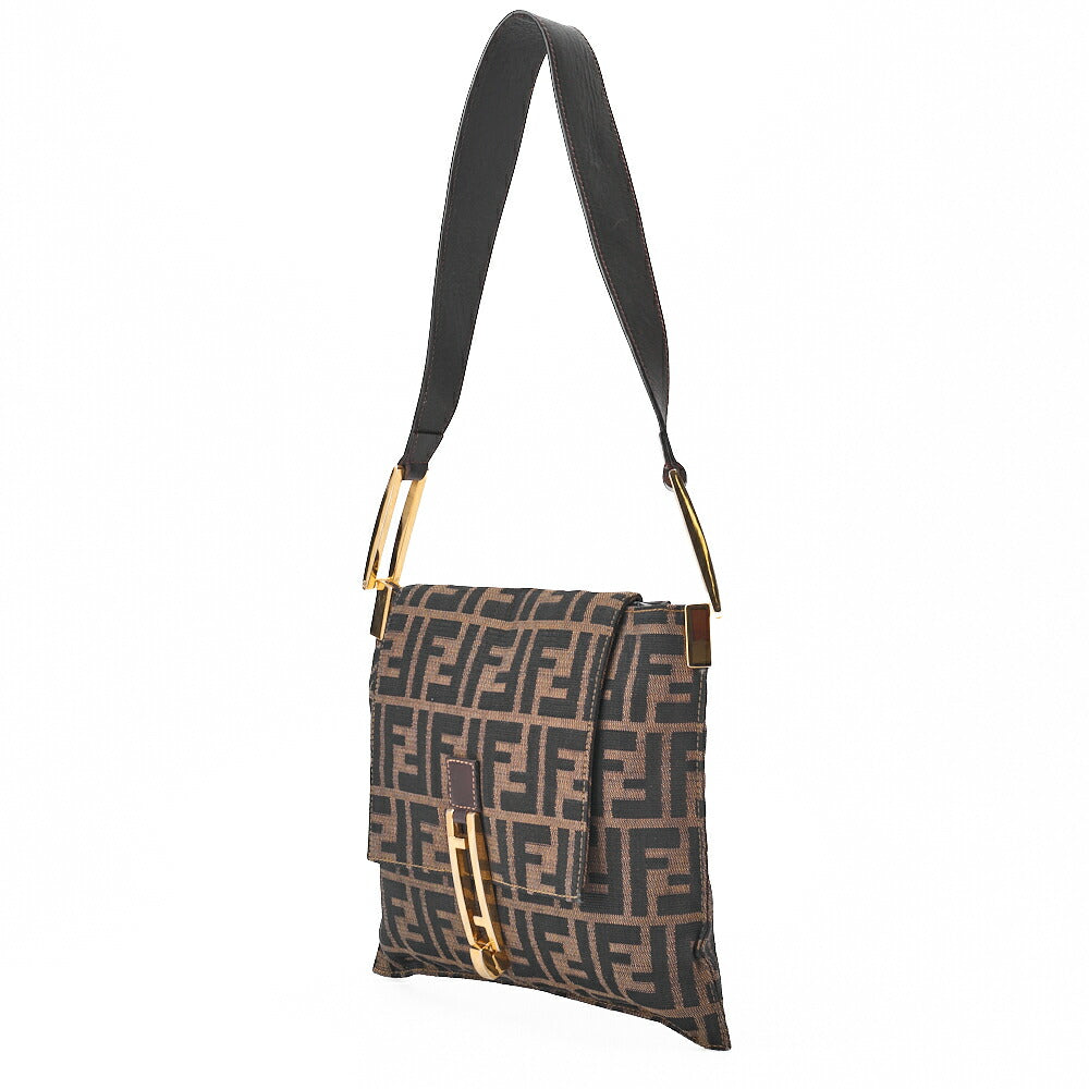 Pre-Owned Umhängetasche Zucca Flap Canvas Leder Braun Silberfarbene Hardware Pre-Owned