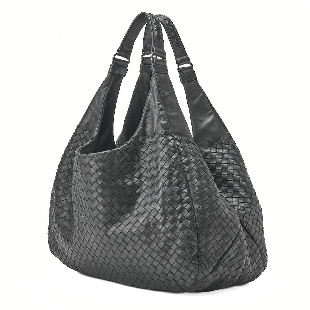 Pre-Owned Veneta Schultertasche Intrecciato Lammleder Schwarz Goldfarbene Hardware Pre-Owned