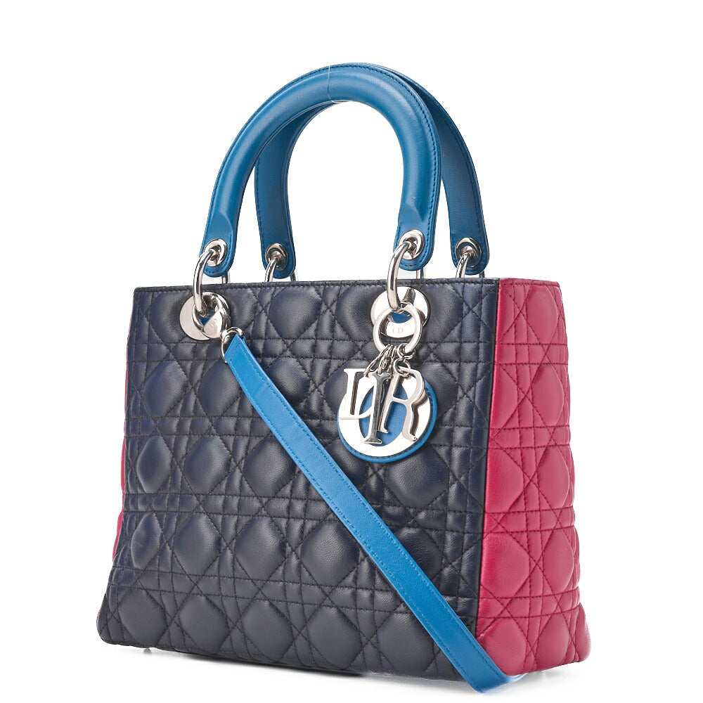Gebrauchte Damenhandtasche Cannage Lammleder Mehrfarbig Marineblau Goldfarbene Hardware Gebraucht