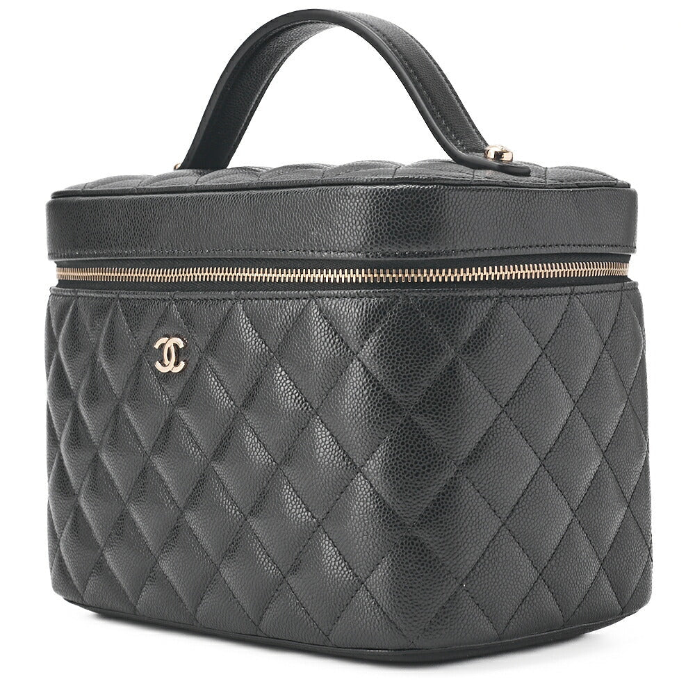 Gebrauchte Vanity-Handtasche, Matelassé, Kaviarhaut, Schwarz, goldfarbene Metallteile, gebraucht