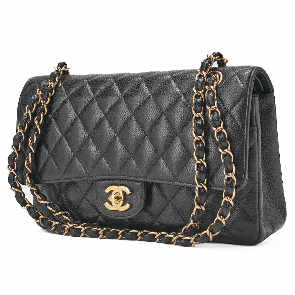 Pre-Owned Kette Schultertasche Matelassé Doppelklappe Kaviar Haut Schwarz Gold-Ton Hardware Pre-Owned