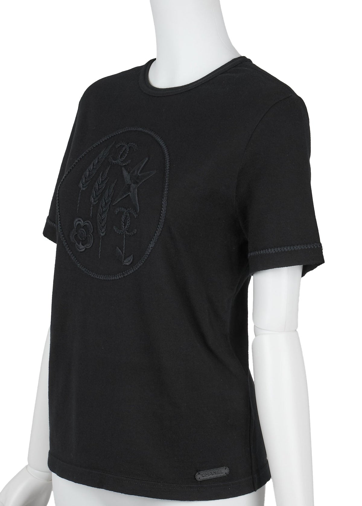 Gebrauchtes T-Shirt, Coco Mark Stern-Stickerei, Kurzarm, Baumwolle, Schwarz, Goldfarbene Metallteile, Gebraucht