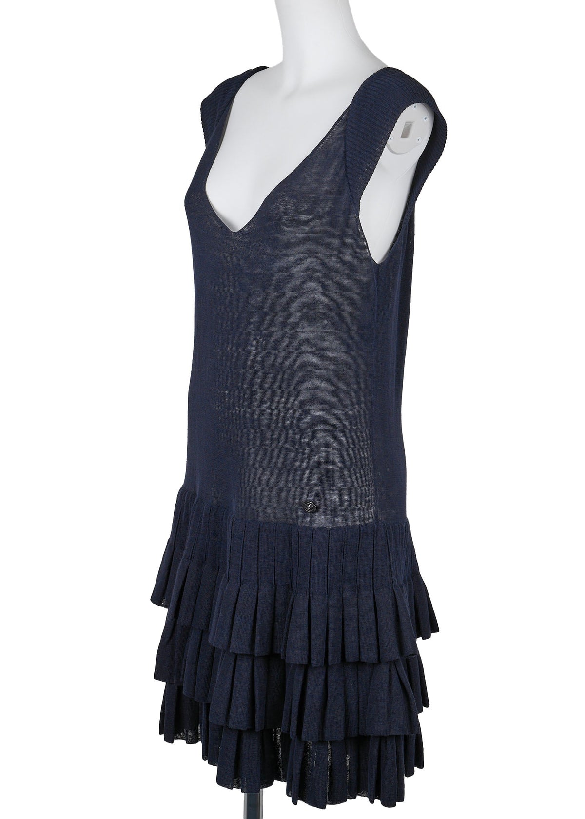 Gebrauchtes Kleid, Rüschen, Strick, Leinen, Marineblau, Goldfarbene Metallteile, Gebraucht