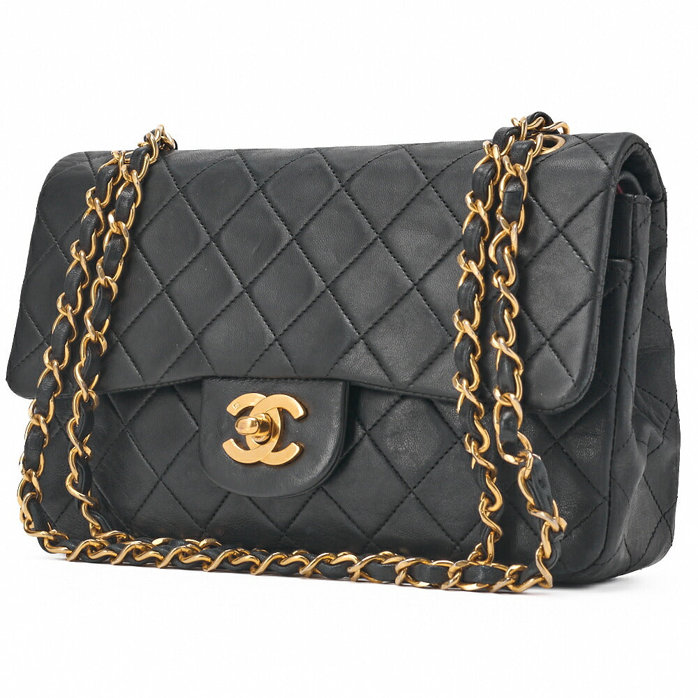 Pre-Owned Kette Schultertasche Matelassé Doppelklappe Lammleder Schwarz Goldfarbene Hardware Pre-Owned