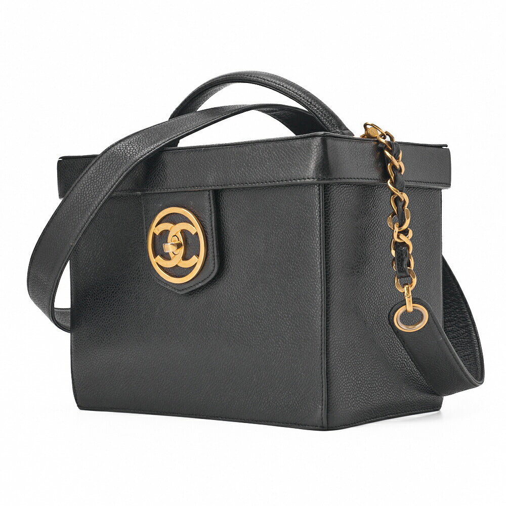 Gebrauchte Vanity Handtasche, Matelassé, 2WAY, Kaviarhaut, Schwarz, Goldfarbene Metallteile, Gebraucht