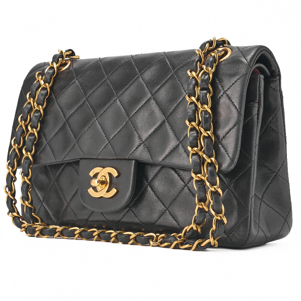 Pre-Owned Kette Schultertasche Matelassé Doppelklappe Lammleder Schwarz Goldfarbene Hardware Pre-Owned