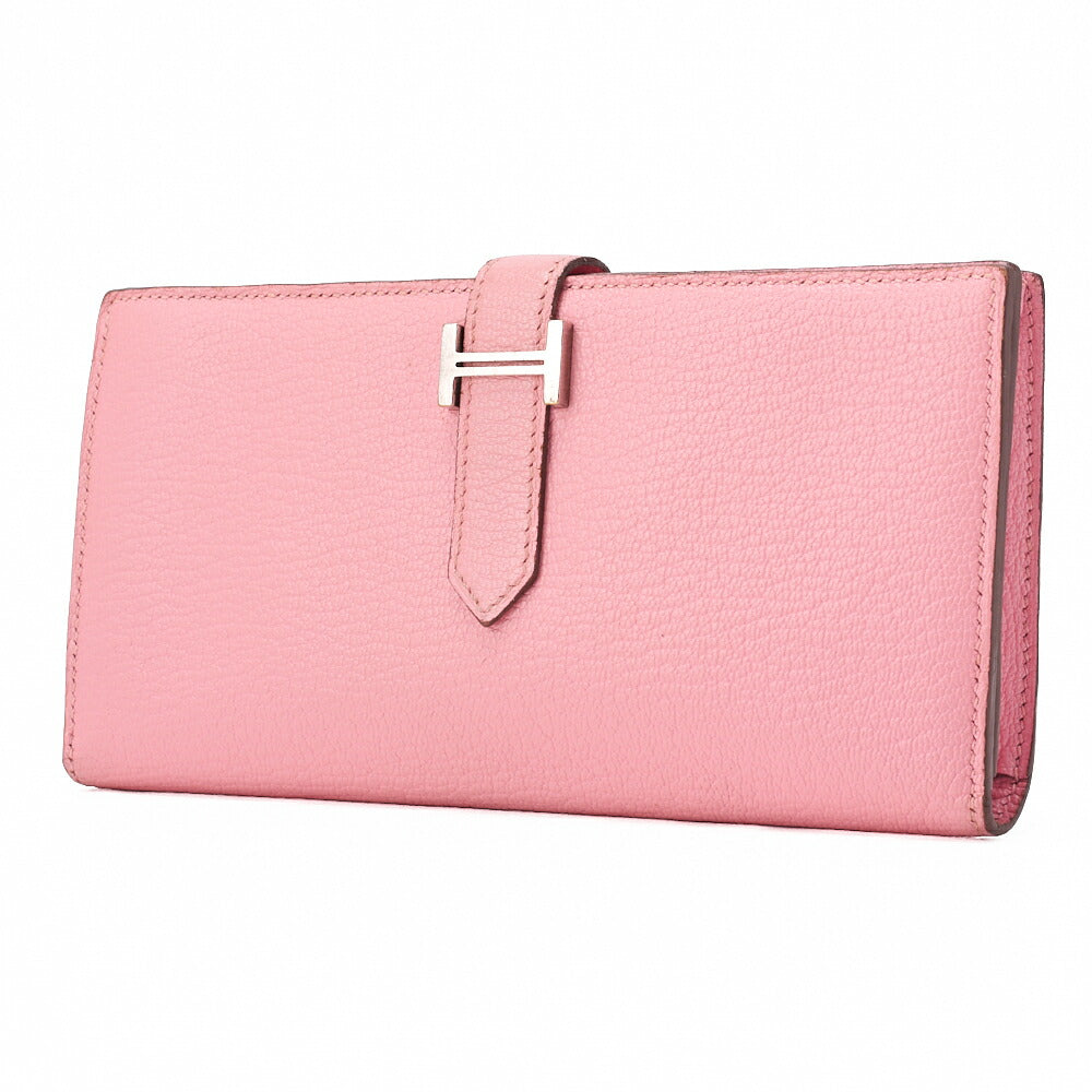 Gebrauchte Bearn Soufflet Bi-fold Lange Geldbörse Chèvre Rose Confetti Silberfarbene Hardware Gebrauchte