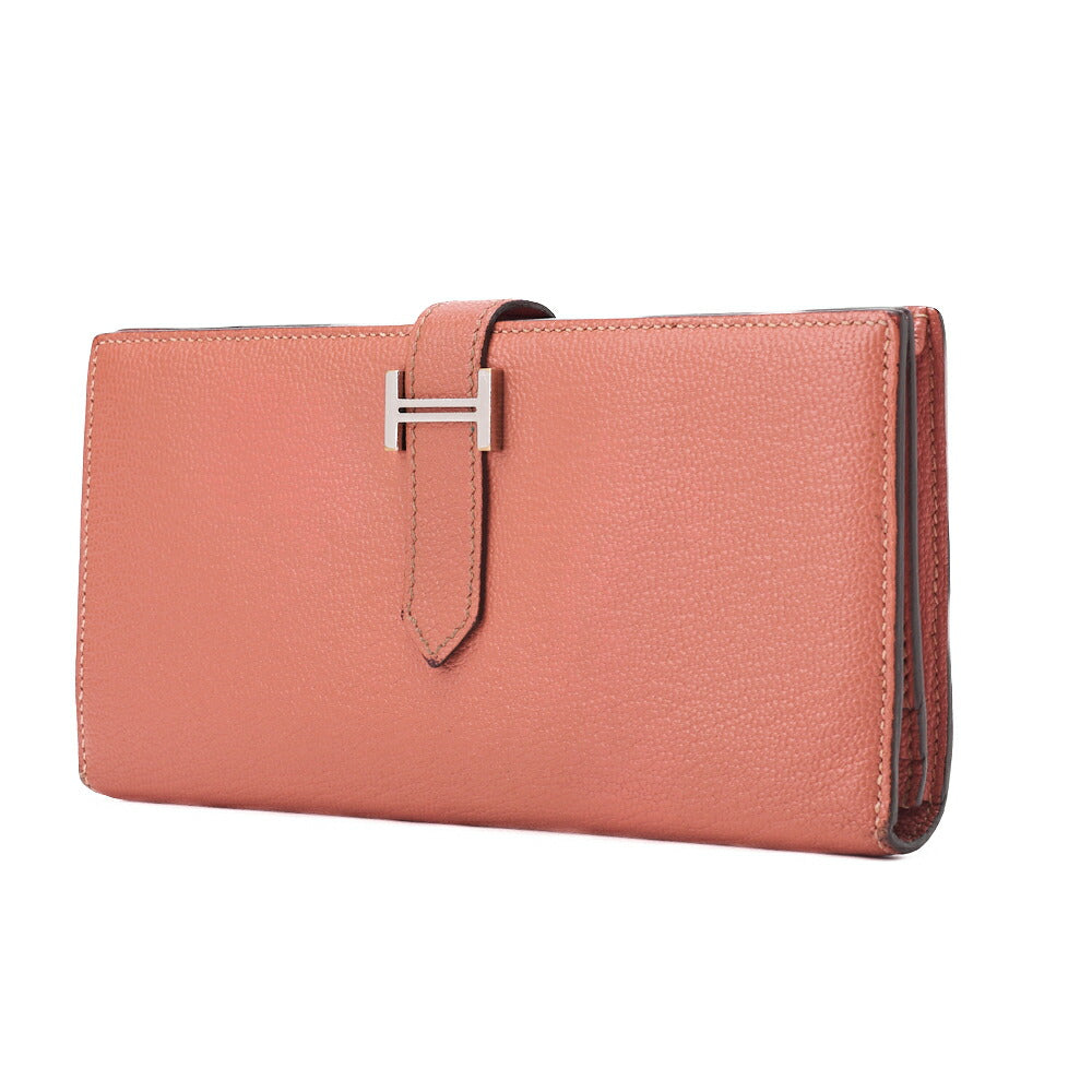 Gebrauchte Bearn Soufflet Bi-fold Long Wallet Chèvre Crevette Silberfarbene Hardware Gebrauchte