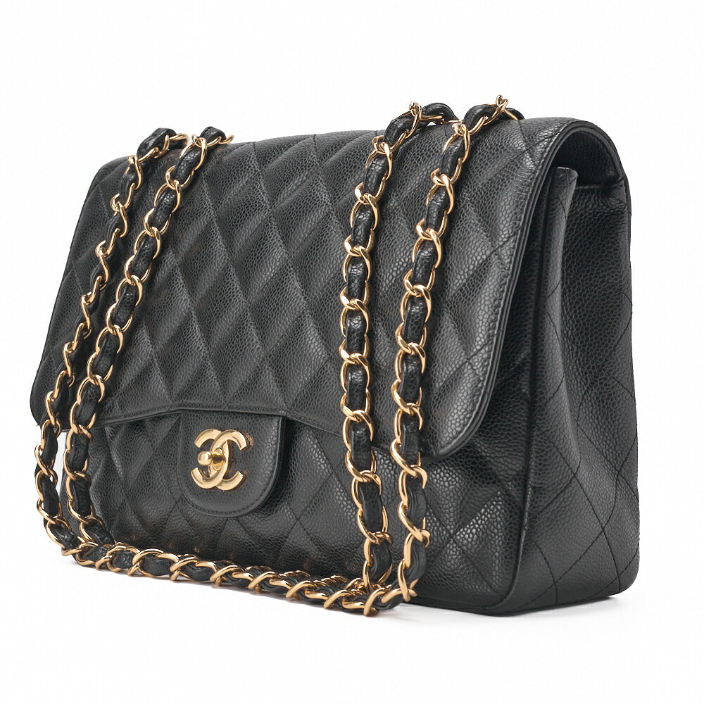 Pre-Owned Chain Shoulder Bag Deca Matelassé Caviar Skin Schwarz Goldfarbene Hardware Pre-Owned