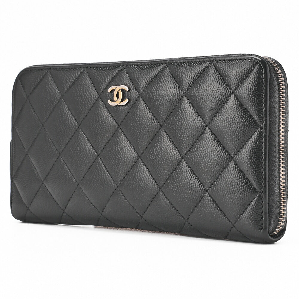 Pre-Owned Lange Geldbörse, Matelassé, Kaviarhaut, Schwarz, Goldfarbene Metallteile, Pre-Owned