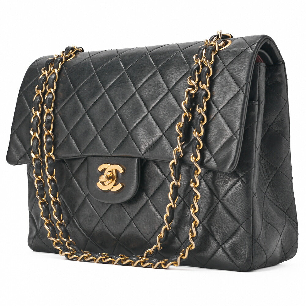 Pre-Owned Kette Schultertasche Matelassé Doppelklappe Lammleder Schwarz Goldfarbene Hardware Pre-Owned