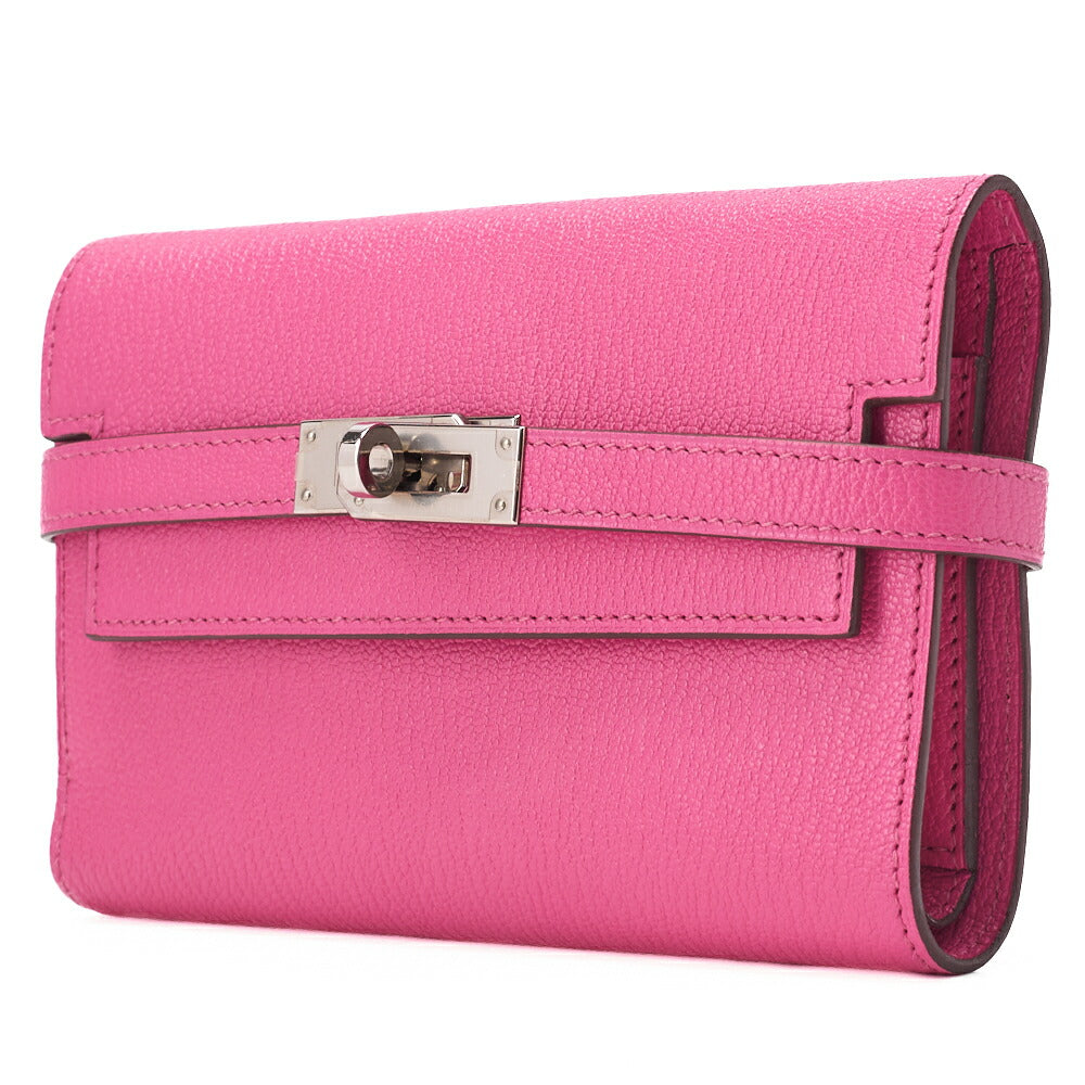 Gebrauchte Kelly Wallet Zweifach gefaltete lange Geldbörse Medium Chevrum Mizol Rose Tyrien Silberfarbene Hardware Gebrauchte