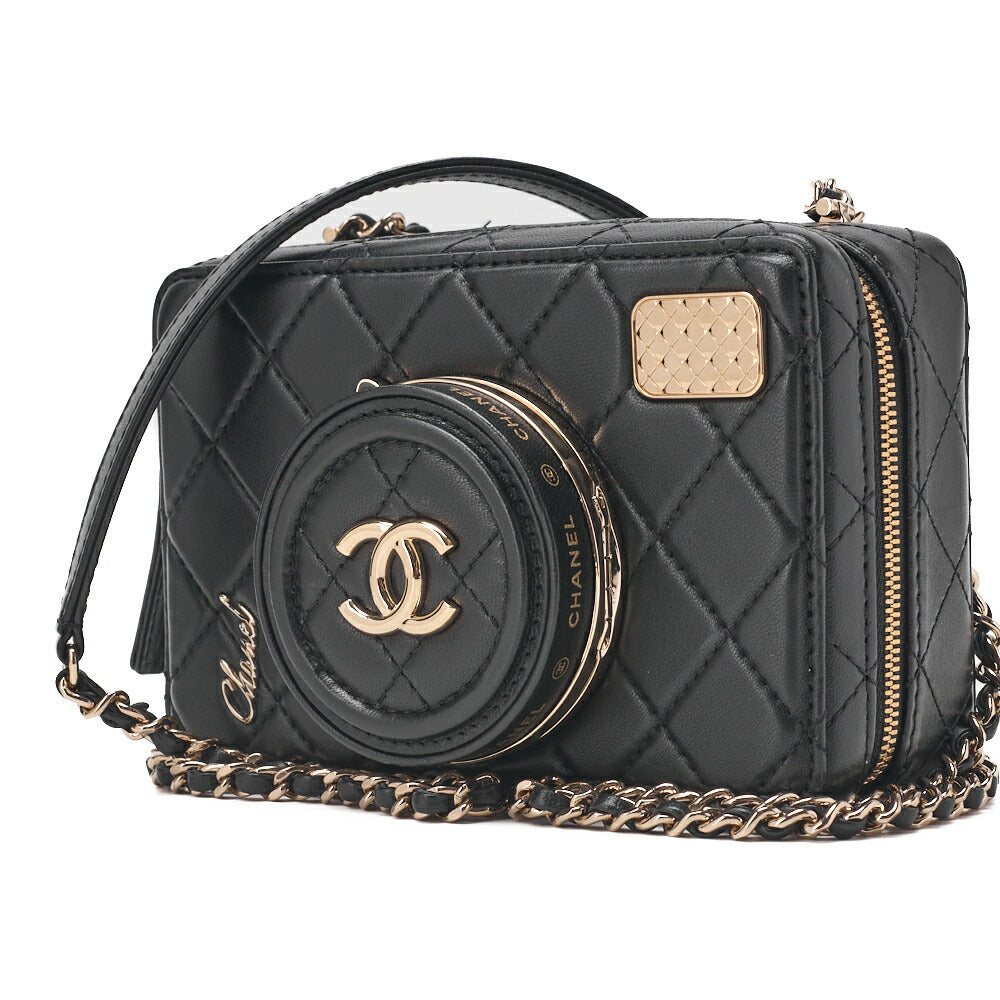Pre-Owned Kette Schultertasche Matelasse Kameratasche Lammleder Schwarz Goldfarbene Hardware Pre-Owned